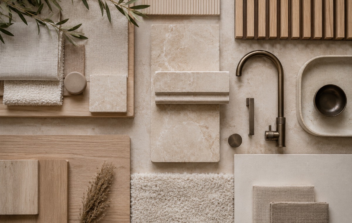 Moodboard met licht hout, natuursteen, zachte textielen en warme afwerkingen voor Vlietvoorde